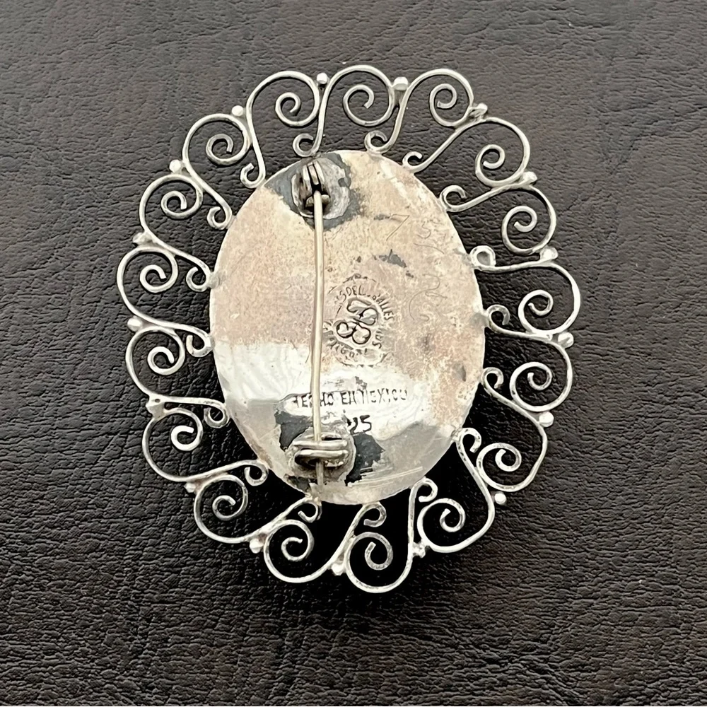 Los Ballesteros vintage sterling silver 925 obsidian brooch pin